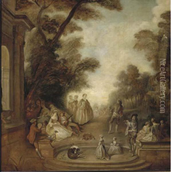 A Merry Company In A Park Landscape Oil Painting - Watteau, Jean Antoine