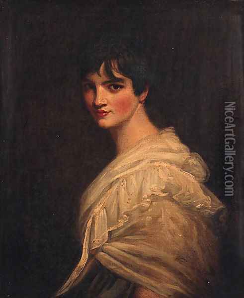 Portrait of a Lady, quarter-length, in a white dress Oil Painting - John Hoppner