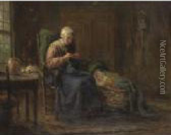 Mother Knitting With Baby By Her Side Oil Painting - Jozef Israels