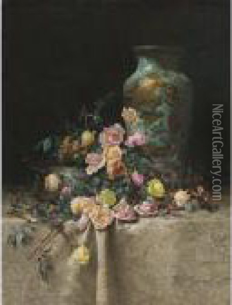 Roses And An Oriental Vase On A Brocade Tablecloth Oil Painting - Milne Ramsey