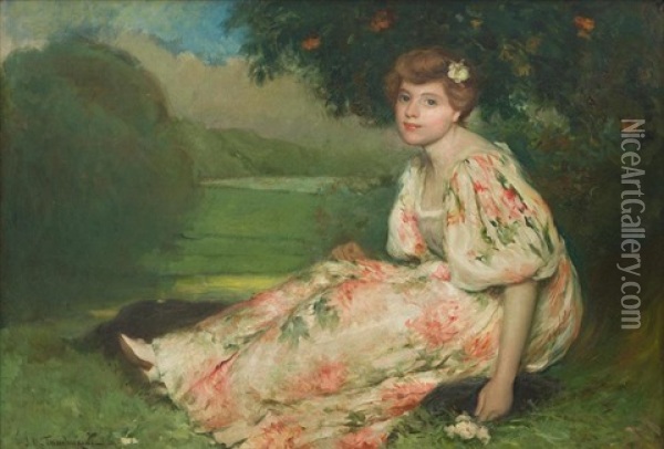 Lady In The Garden Oil Painting - Jose Maria Tamburini