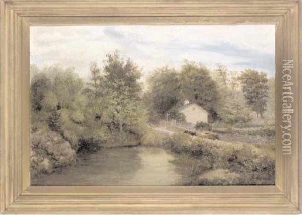A Cattle And Drover Passing The Village Pond Oil Painting - Karl Kaufmann