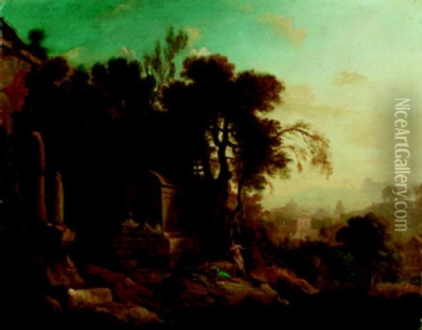 Antikisierende Landschaft Mit Zwei Figuren Bei Einem Grabmal Oil Painting - Pierre Antoine Patel