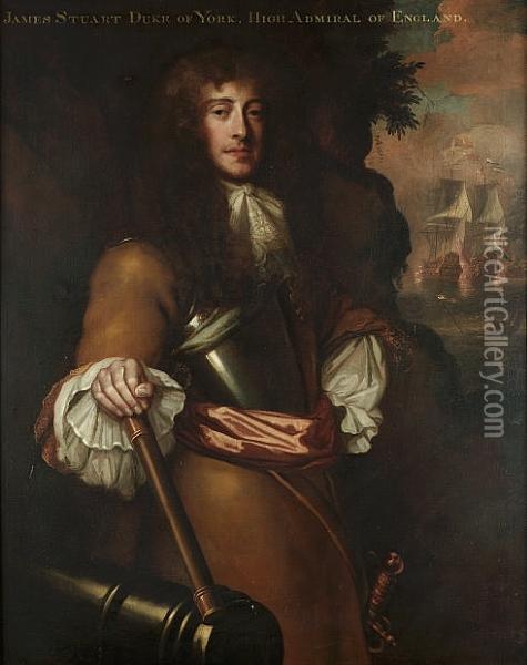Portrait Of The Duke Of York, 
Later King James Ii (1633-1701), Three-quarter-length, In A Buff Coat, A
 Breastplate, Sash And A Lace Jabot, Holding A Baton, By A Cannon, A 
View To A Naval Engagement Beyond Oil Painting - Sir Peter Lely