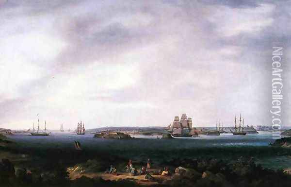 American Warships Anchored at Port Mahon, Spain Oil Painting - Thomas Birch