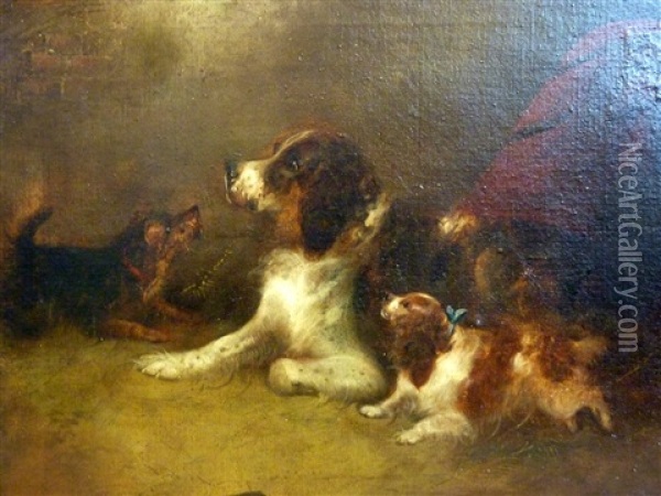 A Pair Of Studies Of Dogs In An Interior Oil Painting - George Armfield