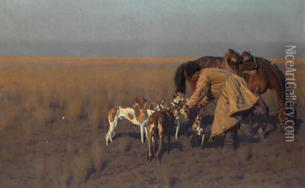Man With Horse And Dogs Oil Painting - Hugo Ungewitter