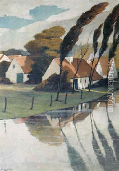 Maisons Sur La Riviere Oil Painting - Eugene Jules Joseph Laermans
