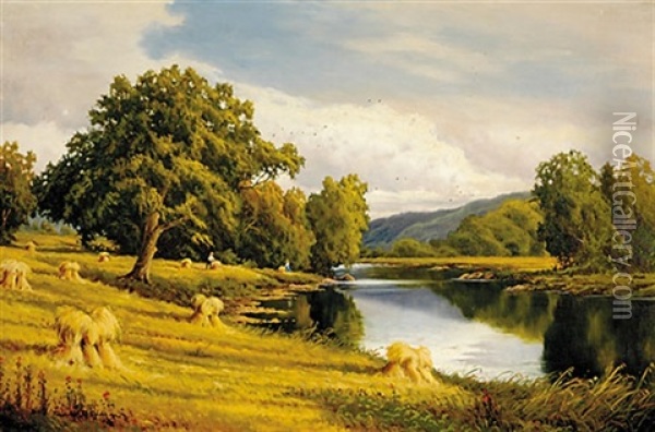 Haystacks In Landscape Oil Painting - Frederick D. Ogden