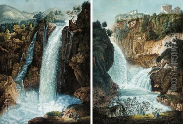 La Grotta Di Nettuno A Tivoli; And La Cascata Del Velino Aterni Oil Painting - Wilhelm Friedrich Gmelin