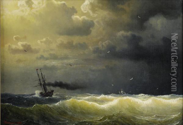 Angfartyg I Storm Oil Painting - Marcus Larson