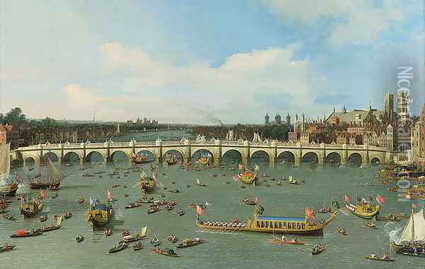 Westminster Bridge, London, With the Lord Mayor's Procession on the Thames (detail) Oil Painting - (Giovanni Antonio Canal) Canaletto