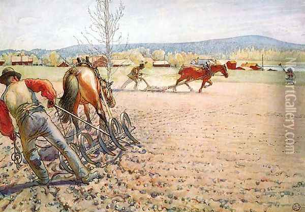 Harrowing The Field Oil Painting - Carl Larsson