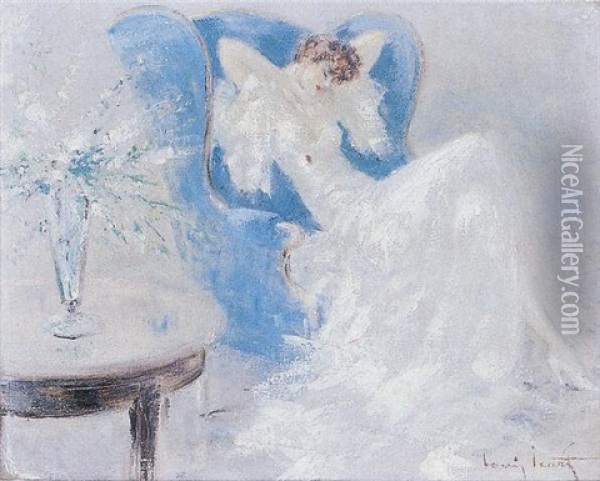 Jeune Femme Dans Un Fauteuil Bleu Oil Painting - Louis Icart