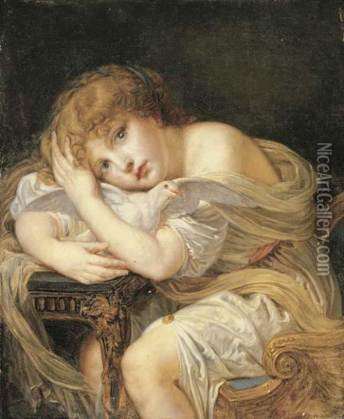 'la Jeune Fille A La Colombe' - A Young Girl Holding A Dove Oil Painting - Jean Baptiste Greuze