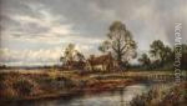 Extensive Landscape With Cottage And Sheep Grazing Oil Painting - Daniel Sherrin
