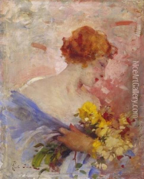 Lady With A Bunch Of Flowers Oil Painting - Bertalan Vigh