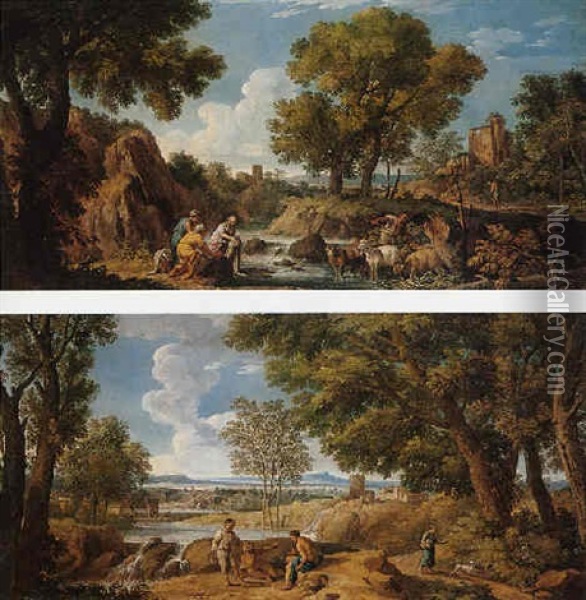 A Classical Landscape With A Washerwomen And A Goat-herder By A River Oil Painting - Andrea Locatelli