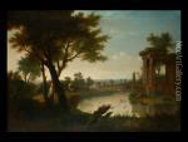 Arkadische Landschaft Mit Antiken Tempelruinen An Einemflusslauf Oil Painting - Willem de Heusch