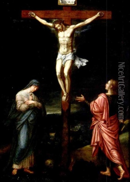 Christus Am Kreuz Mit Trauernder Maria Und Johannes Oil Painting - Gillis Mostaert the Elder