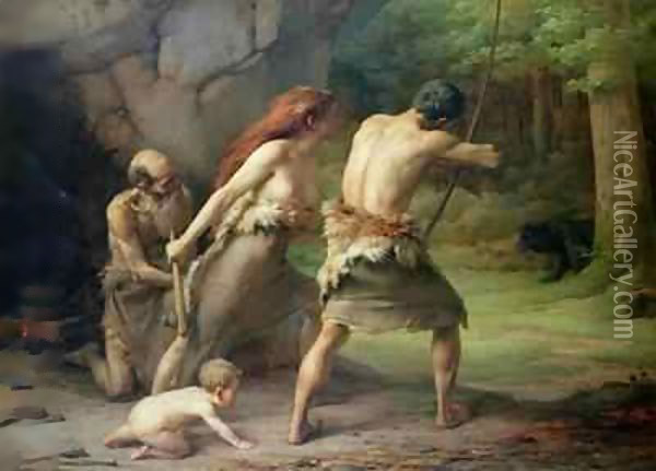 Prehistoric Man Hunting Bears Oil Painting - Emmanuel Benner