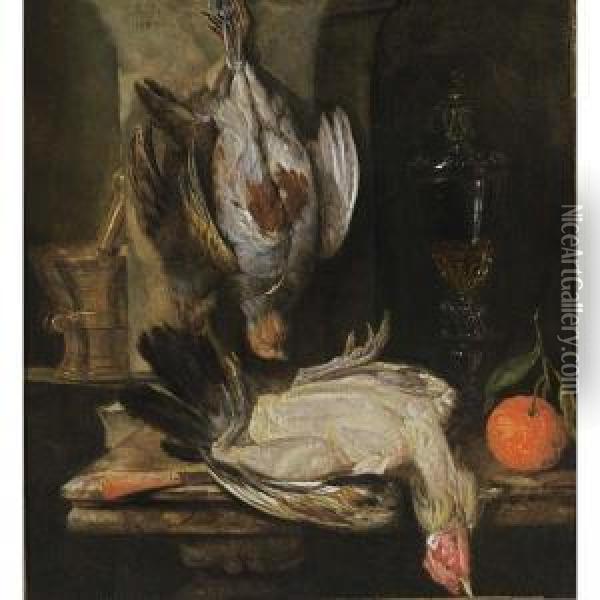 A Still Life With A Partridge, A
 Turkey, A Bitter Orange, A Glass Goblet Together With A Mortar And A 
Knife With An Agaath Handle, All On A Marble Ledge Oil Painting - Abraham Hendrickz Van Beyeren