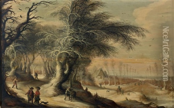 Paysage D'hiver Avec Des Villageois En Chemin Oil Painting - Gysbrecht Leytens