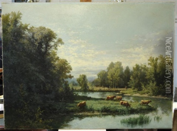 Paysage Avec Riviere Et Troupeau Oil Painting - Charles-Joseph Node