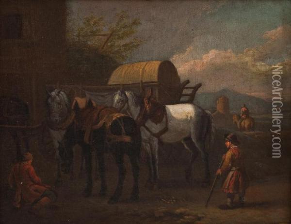 Bauern Und Reisender Mit Schimmel Und Rappen Vor Einem Wirtshaus Oil Painting - Pieter van Bloemen