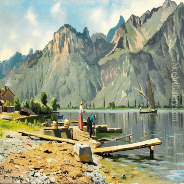 Washerwomen On The Shore Of Lake Geneva Oil Painting - Peder Mork Monsted