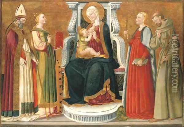 The Madonna and Child with a Bishop Saint, Saints Catherine of Alexandria, Margaret of Antioch and Francis of Assisi Oil Painting - Nero di Bicci