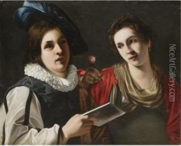 An Interior With A Gentleman Serenading A Lady Holding A Rose Oil Painting - Valentin De Boulogne