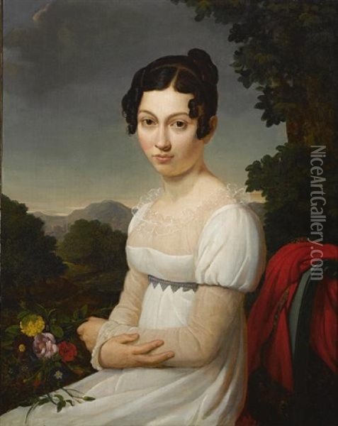 A Portrait Of A Young Lady In White, Seated In A Landscape, Holding A Posy Of Flowers Oil Painting - Marie-Nicole Ponce-Camus