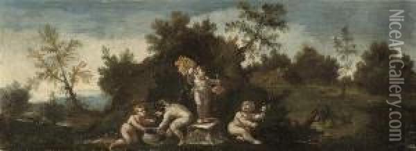 A Wooded Landscape With Putti Disporting; And A Wooded Landscapewith An Infant Bacchanal Oil Painting - Antonio Francesco Peruzzini