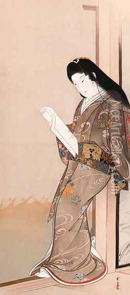 Beauty reading a letter Oil Painting - Kawenabe Gyosui