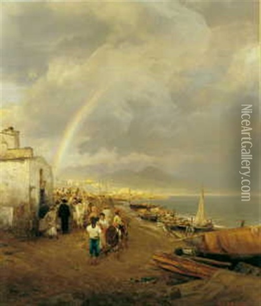 Abziehendes Gewitter Und Ein Regenbogen Uber Dem Golf Von Neapel Oil Painting - Oswald Achenbach