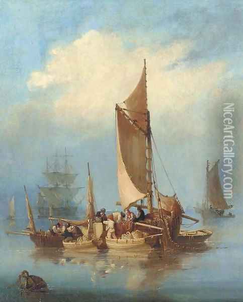 Fishermen gossiping as they work, with a large three-decker beyond Oil Painting - Nicholas Condy