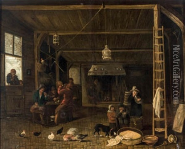 Interior De Taberna Con Chimenea, Gallinas Y Perro Oil Painting - Anthonie Van Borssom