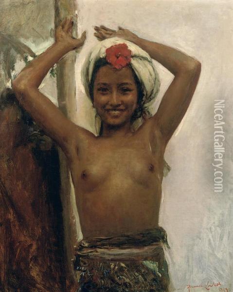 Young Balinese Girl With Hibiscus Oil Painting - Romualdo Locatelli