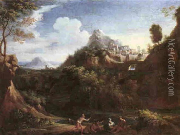 An Italianate Landscape With Figures, A Hill Town Above A Waterfall And The Sea Beyond Oil Painting - Gaspard Dughet
