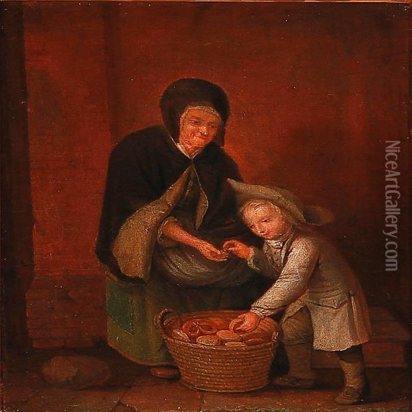 A Little Boy Buys Bread From A Baker's Wife Oil Painting - Peter Cramer