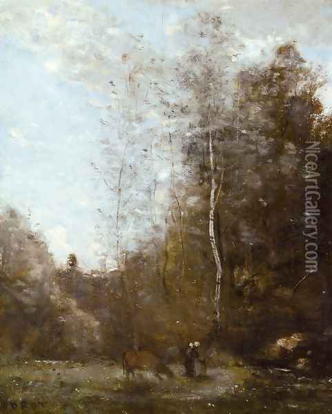 A Cow Grazing beneath a Birch Tree Oil Painting - Jean-Baptiste-Camille Corot