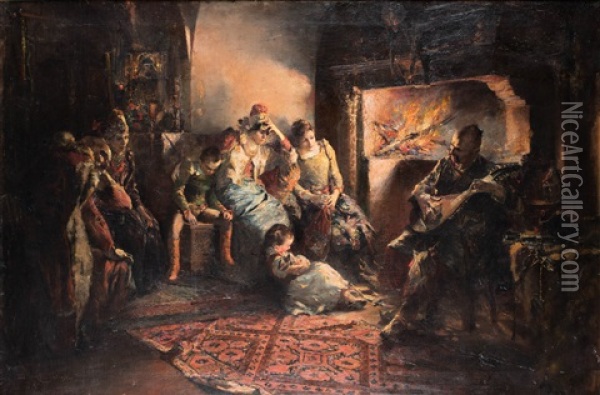 Scena Przed Kominkiem Oil Painting - Stanislaw Batowski-Kaczor