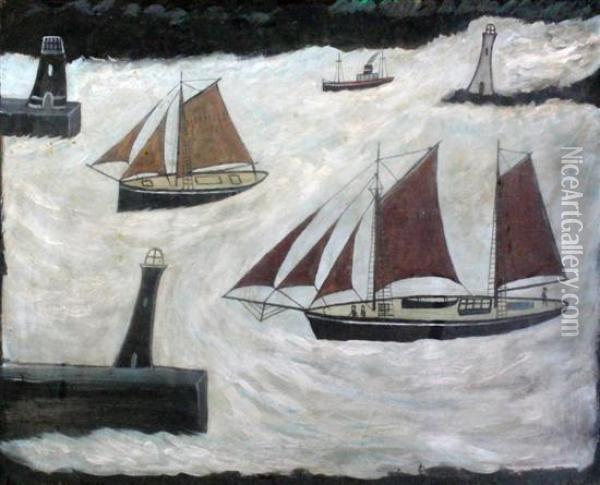 Shipping Entering Harbour Oil Painting - Alfred Wallis