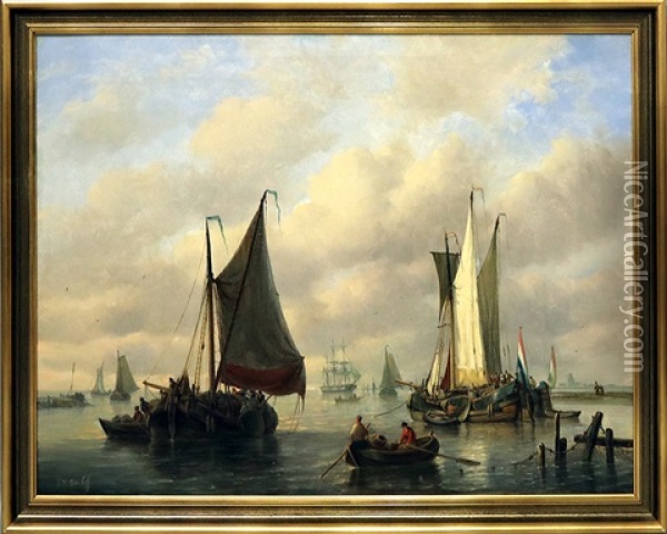 Segelschiffe Und Fischerboote Vor Meereskuste Oil Painting - George Willem Opdenhoff