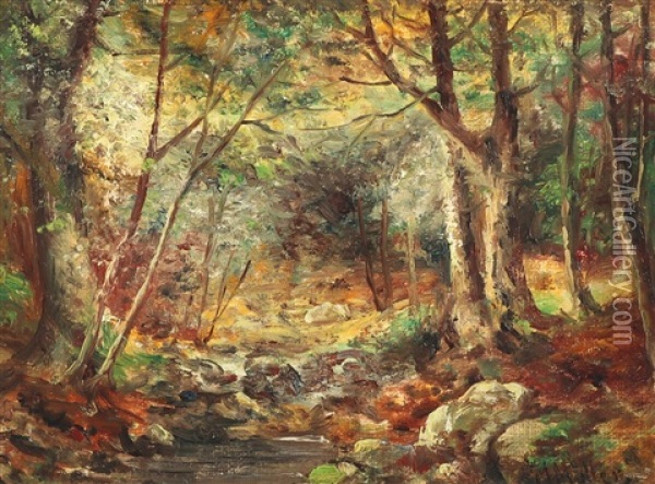 A Forest Scenery With A Stream Oil Painting - Morten Mueller