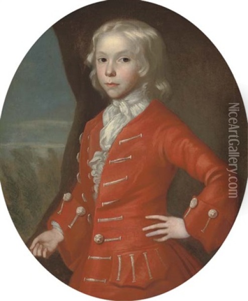 Portrait Of A Boy, Charles, 3rd Duke Of Richmond (?), Three-quarter-length, In A Red Coat And White Cravat, A Landscape Beyond Oil Painting - George Smith of Chichester