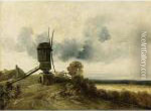 A Windmill In An Extensive Landscape Oil Painting - Georges Michel