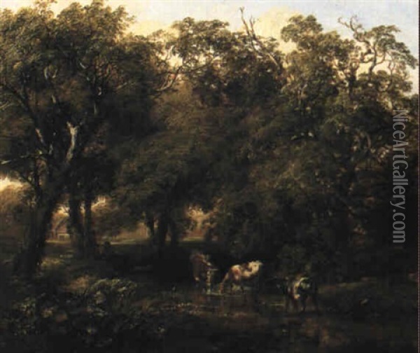 A Wooded Landscape With Cattle Watering Oil Painting - Thomas Creswick