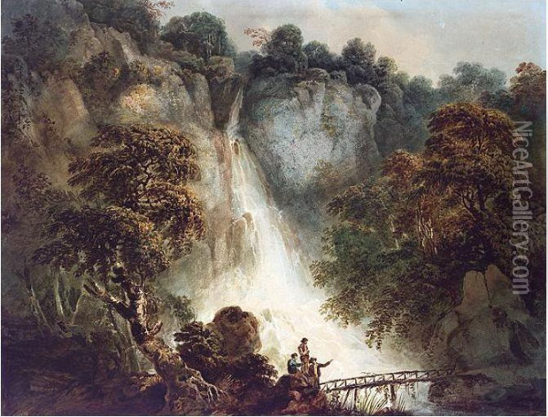 The Waterfall At Powerscourt, Near Dublin, County Wicklow Oil Painting - Richard Sasse